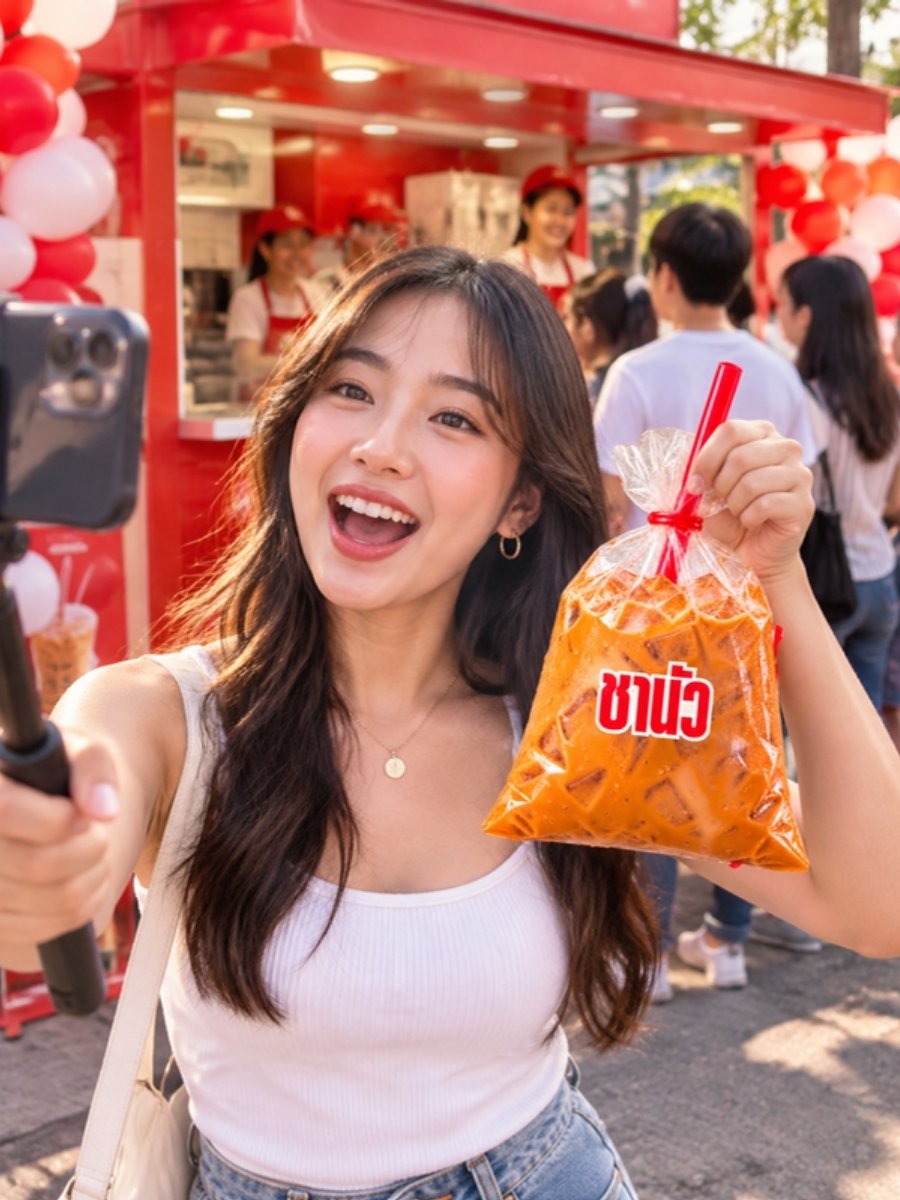 อินฟลูเอนเซอร์ถือถุงชาไทยชานัว ถ่ายคลิปรีวิวหน้าร้านในวันเปิดร้าน
