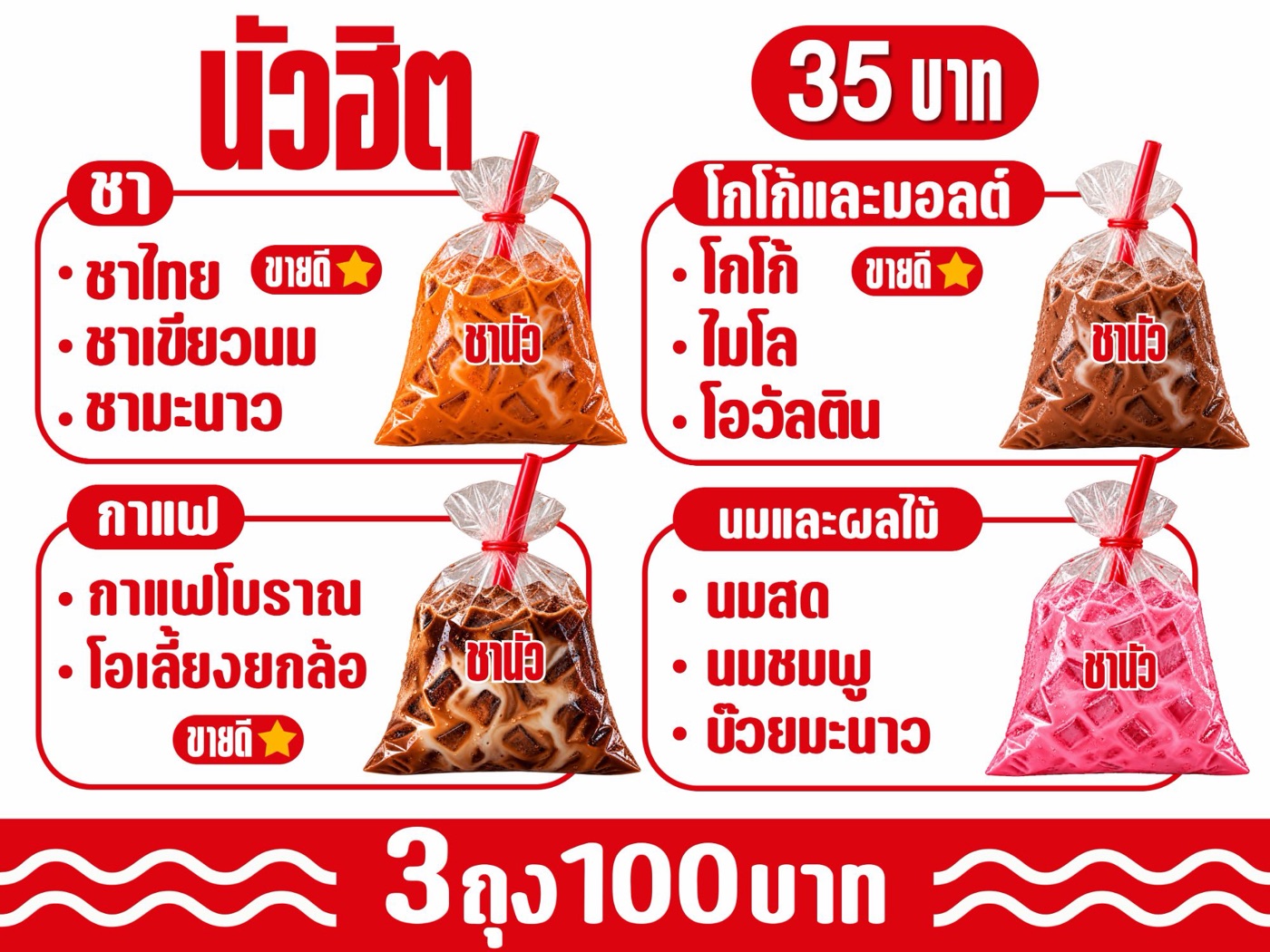 เมนูนัวฮิต 35 บาท: ชา (ชาไทย ชาเขียวนม ชามะนาว) โกโก้และมอลต์ (โกโก้ ไมโล โอวัลติน) กาแฟ (กาแฟโบราณ โอเลี้ยงยกล้อ) นมและผลไม้ (นมสด นมชมพู บ๊วยมะนาว) 3 ถุง 100 บาท