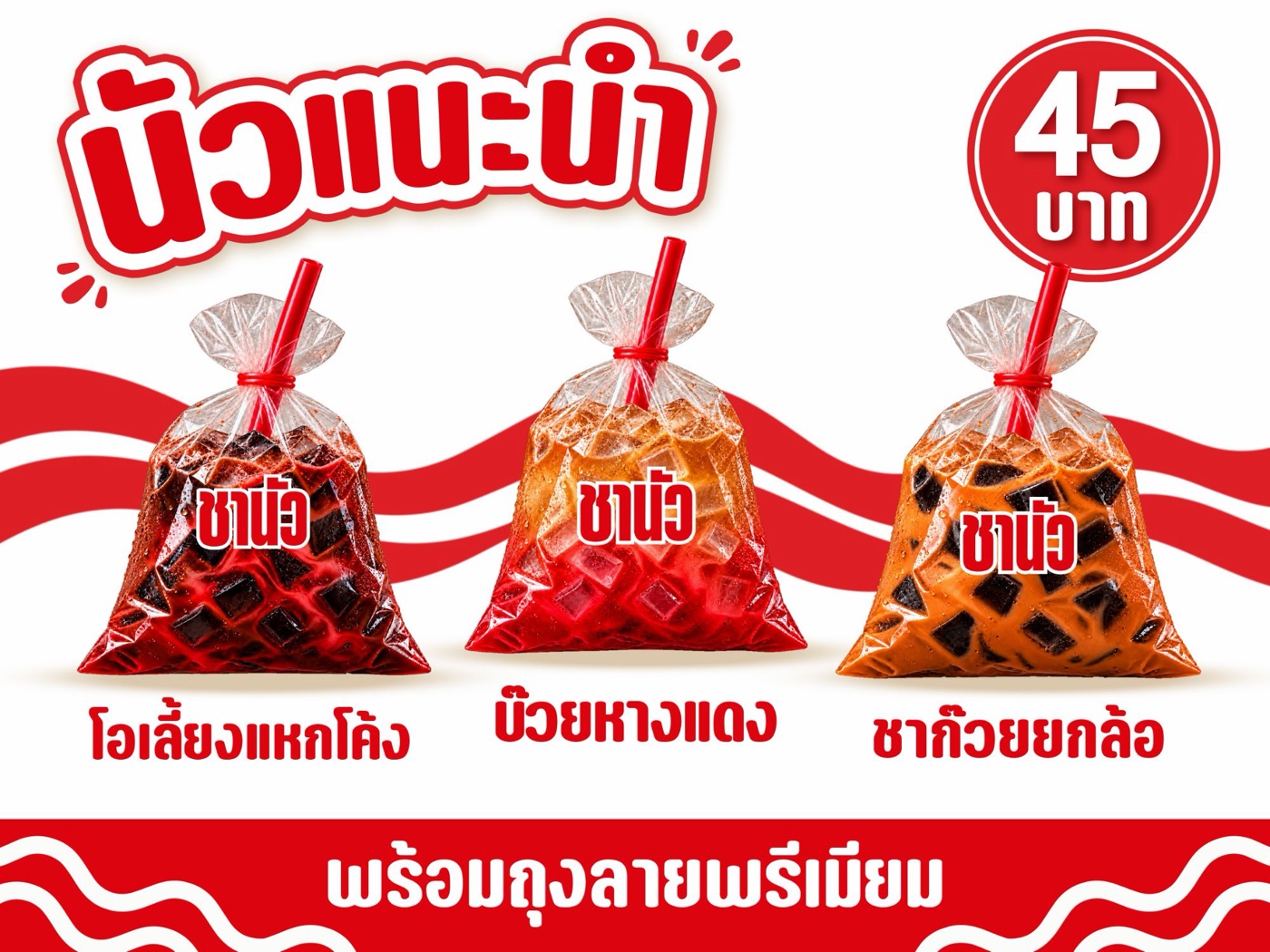 เมนูนัวแนะนำ 45 บาท: โอเลี้ยงแหกโค้ง บ๊วยหางแดง ชาก๊วยยกล้อ พร้อมถุงลายพรีเมียม